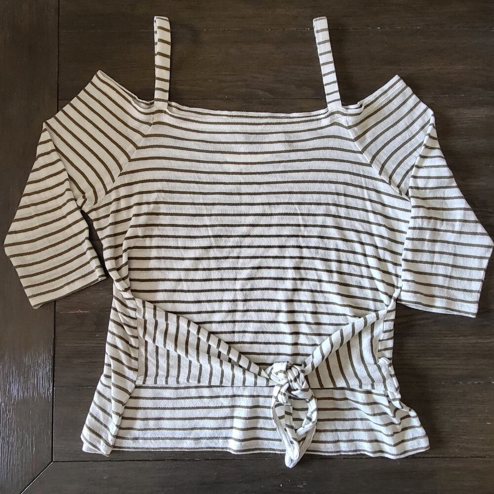 Lucky Brand Top Womens Small Cream Olive Striped Off Shoulder 3/4 Sleeves Casual
